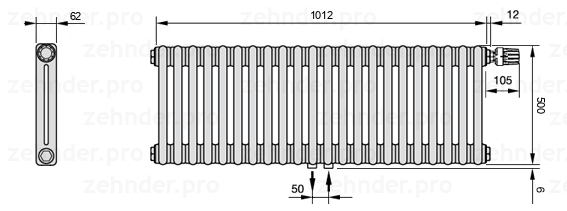 Схема (чертеж) Радиатор Zehnder Charleston 2050/22 №V008 Белый глянцевый RAL 9016